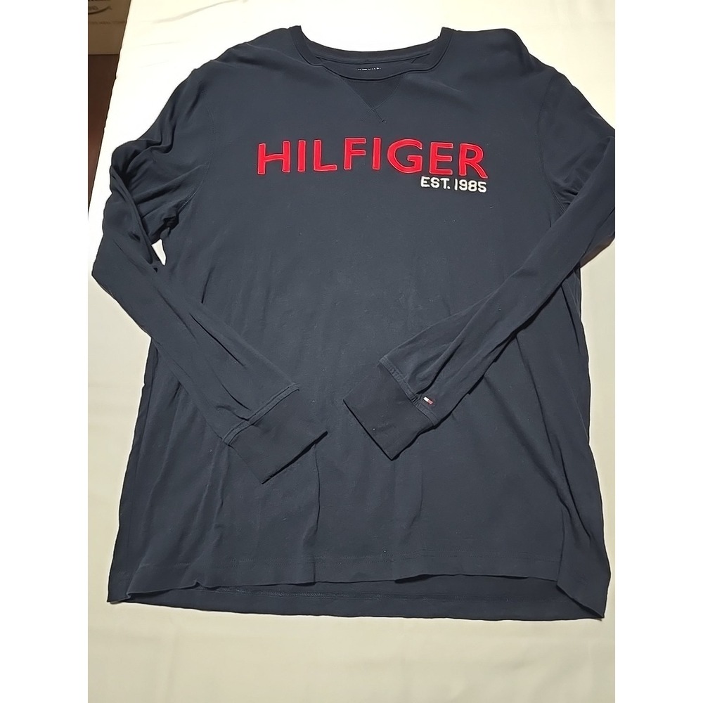 TOMMY HILFIGER Spell Out Box Logo Long Sleeve T Shirt Dark Blue Men's Large